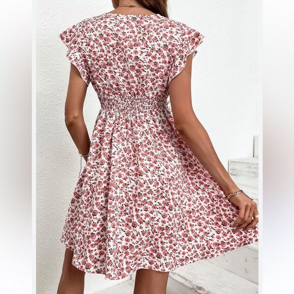 SHEIN M White Pink Rose Floral Faux Wrap Flutter Sleeve A-Line Dress - Picture 2 of 14